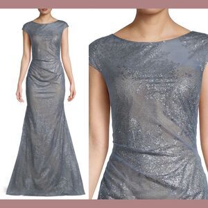 NWT $1595 RENE‎ RUIZ COLLECTION Glitter Trumpet Gown [ SZ 12 ] Slate Blue Q838